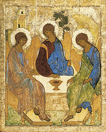 Gott besucht zu dritt Abraham. Bild von Andrei Rubljow (etwa 1411)